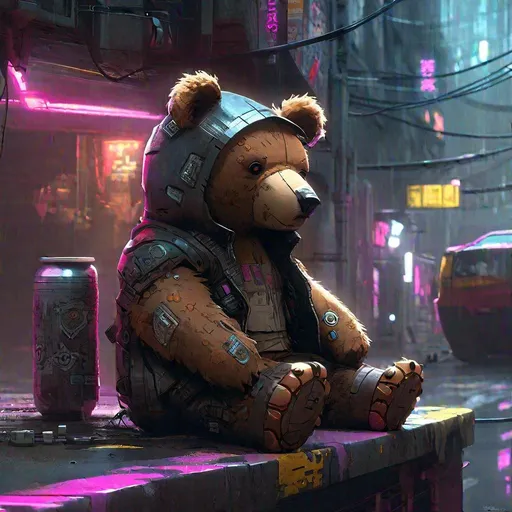 Prompt: teddy bear in a cyberpunk city, cyberpunk, artstation, award winning, 