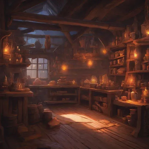 Prompt: dark magic item shop at night, glowing items,  wooden shelves and rafters, messy, dungeons and dragons, award winning, artstation, fantasy art, stylized,
