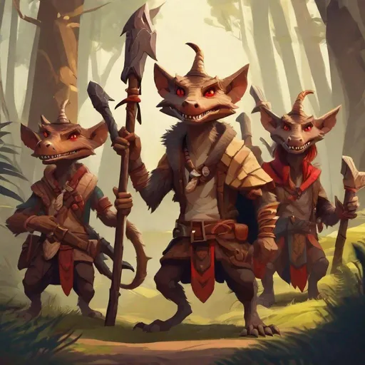 Prompt: tribe of small scrawny kobolds waving primitive weapons in forest, ragged clothes, with scaled brown skin, long clawed fingers, crocodile jaws, small horns, red eyes, dungeons and dragons, award winning, artstation, stylized,  