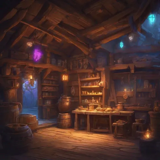 Prompt: magic item shop in a village at night,  wooden, messy, dungeons and dragons, award winning, artstation, fantasy art, stylized,