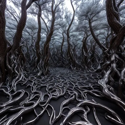 Prompt: forest of gnarled metal trees, metallic, reflective, fantasy, close up , award winning, artstation, trending on artstation,  