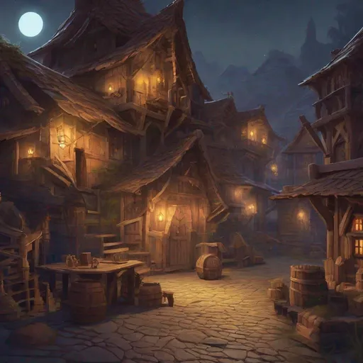 Prompt: village at night,  wooden, messy, dungeons and dragons, award winning, artstation, fantasy art, stylized,