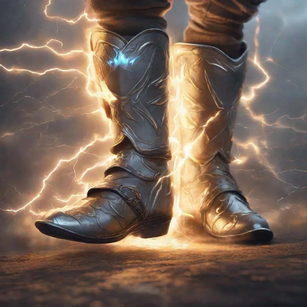 Prompt: running legs wearing glowing magical silver armor greaves boots shooting lightning, lightning bolts, electricity, sparks, greaves, leg armor, focus on boots, lightning, medieval,  magic the gathering, dungeons and dragons, fantasy, award winning, artstation, stylized,  