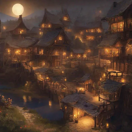 Prompt: village at night,  wooden, messy, dungeons and dragons, award winning, artstation, fantasy art, stylized,