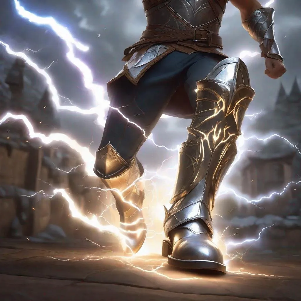 Prompt: running legs wearing glowing magical silver armor greaves boots shooting lightning, lightning bolts, electricity, sparks, greaves, leg armor, focus on boots, lightning, medieval,  magic the gathering, dungeons and dragons, fantasy, award winning, artstation, stylized,  