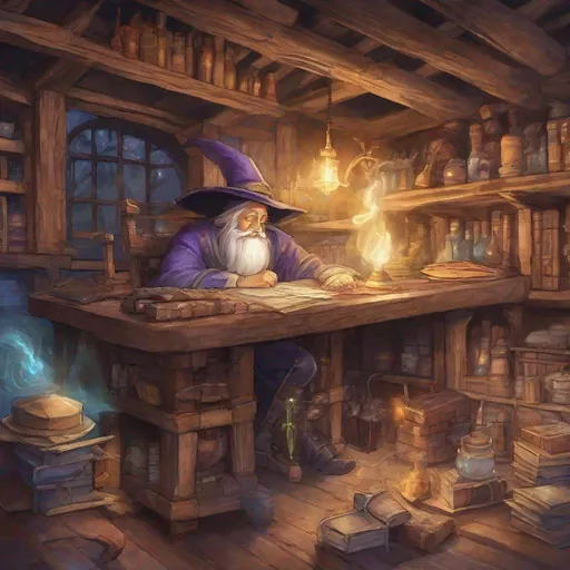 Prompt: wizard with pointy hat sleeping behind table in magic item shop at night, glowing items,  wooden shelves and rafters, messy, dungeons and dragons, award winning, artstation, fantasy art, stylized, watercolor, 