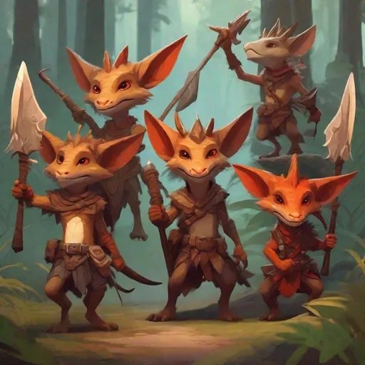 Prompt: tribe of small cute scrawny kobolds waving primitive weapons in forest, ragged clothes, with scaled brown skin, long clawed fingers, crocodile jaws, small horns, red eyes, dungeons and dragons, award winning, artstation, fantasy art, stylized,