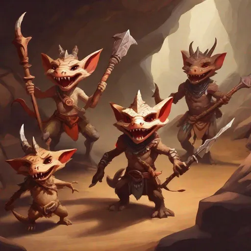 Prompt: tribe of small cute scrawny kobolds waving primitive weapons in cave, ragged clothes, with scaled brown skin, long clawed fingers, crocodile jaws, small horns, red eyes, dungeons and dragons, award winning, artstation, fantasy art, stylized,