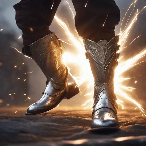 Prompt: running legs wearing glowing magical silver armor greaves boots shooting lightning, lightning bolts, electricity, sparks, greaves, leg armor, focus on boots, lightning, medieval,  magic the gathering, dungeons and dragons, fantasy, award winning, artstation, stylized,  