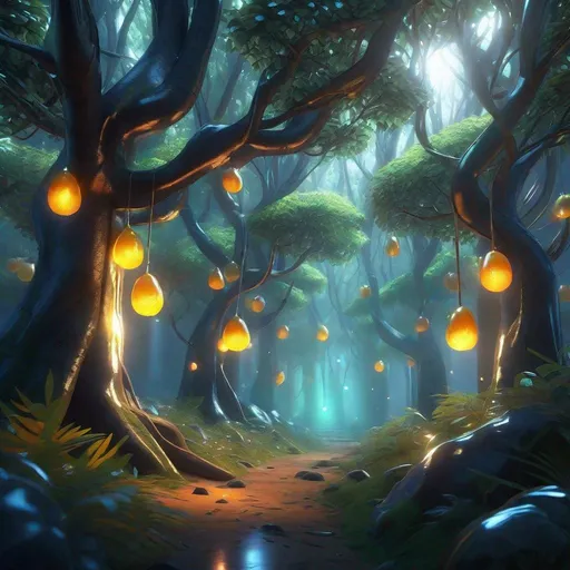 Prompt: forest of trees with shiny silver metal trunks and branches and glowing fruit, metallic, reflective, fantasy, , award winning, artstation, trending on artstation,  