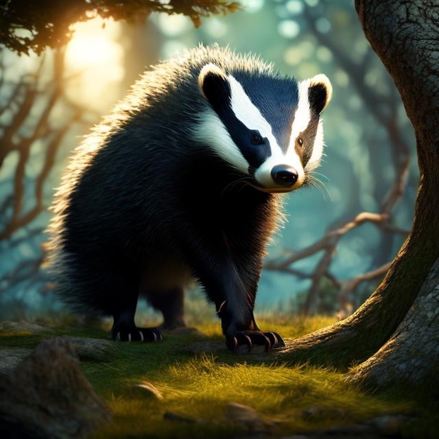 Prompt: very angry badger in dark spooky forest with gnarled trees in the background, night time,  award winning, artstation, fantasy art, stylized, 