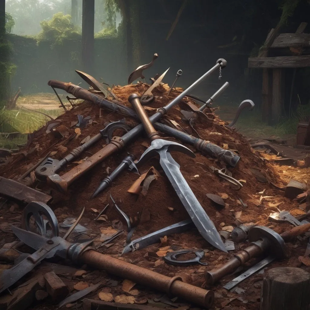 Prompt: sword in a pile of rusted farm tools, fantasy art, award winning, artstation, stylized,  