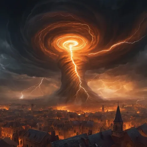 Prompt: dark tornado with lightning above medieval city at night, massive orange glowing cyclone filling the image, hurricane, storm, thunder, magic the gathering, fantasy art, artstation, award winning, 