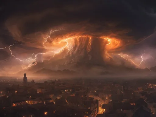 Prompt: dark tornado with lightning above medieval city at night, massive orange glowing cyclone filling the image, hurricane, storm, thunder, magic the gathering, fantasy art, artstation, award winning, 