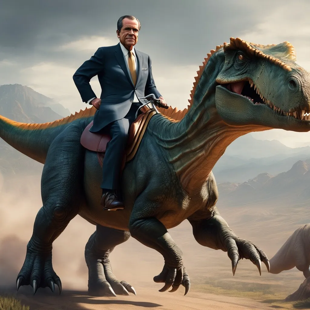 Prompt: richard nixon riding a dinosaur, award winning, highly detailed, artstation, 