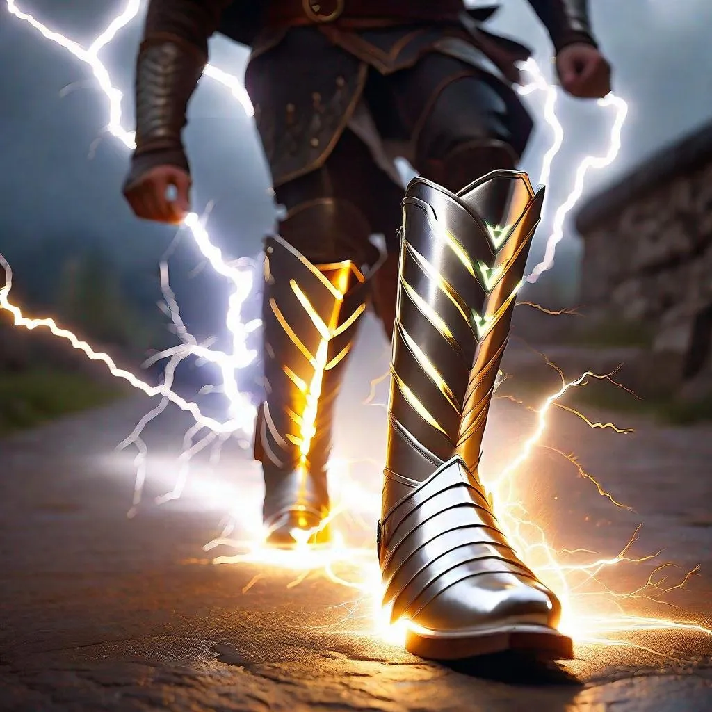 Prompt: running legs wearing glowing magical silver armor greaves boots shooting lightning, lightning bolts, electricity, sparks, greaves, leg armor, focus on boots, lightning, medieval,  magic the gathering, dungeons and dragons, fantasy, award winning, artstation, stylized,  