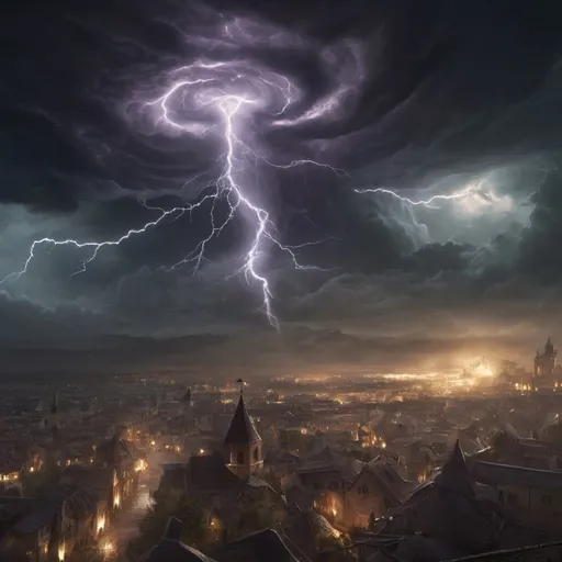 Prompt: dark tornado with lightning above medieval city at night, massive glowing cyclone filling the image, hurricane, storm, thunder, magic the gathering, fantasy art, artstation, award winning, 