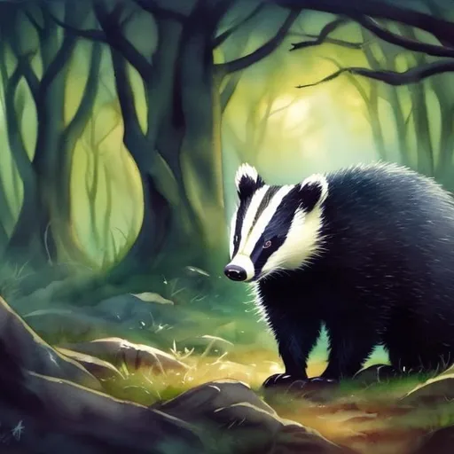 Prompt: very angry badger in dark spooky forest with gnarled trees in the background, night time,  award winning, artstation, fantasy art, stylized, watercolor