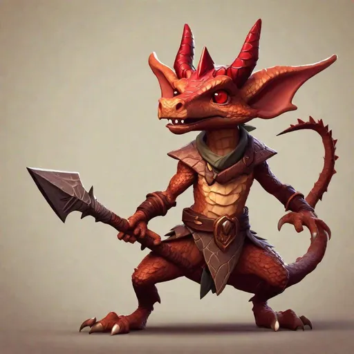 Prompt: small scrawny kobold waving a spear, with scaled reddish brown skin, long clawed fingers, crocodile jaws, small horns, red eyes, dungeons and dragons, award winning, artstation, stylized,  