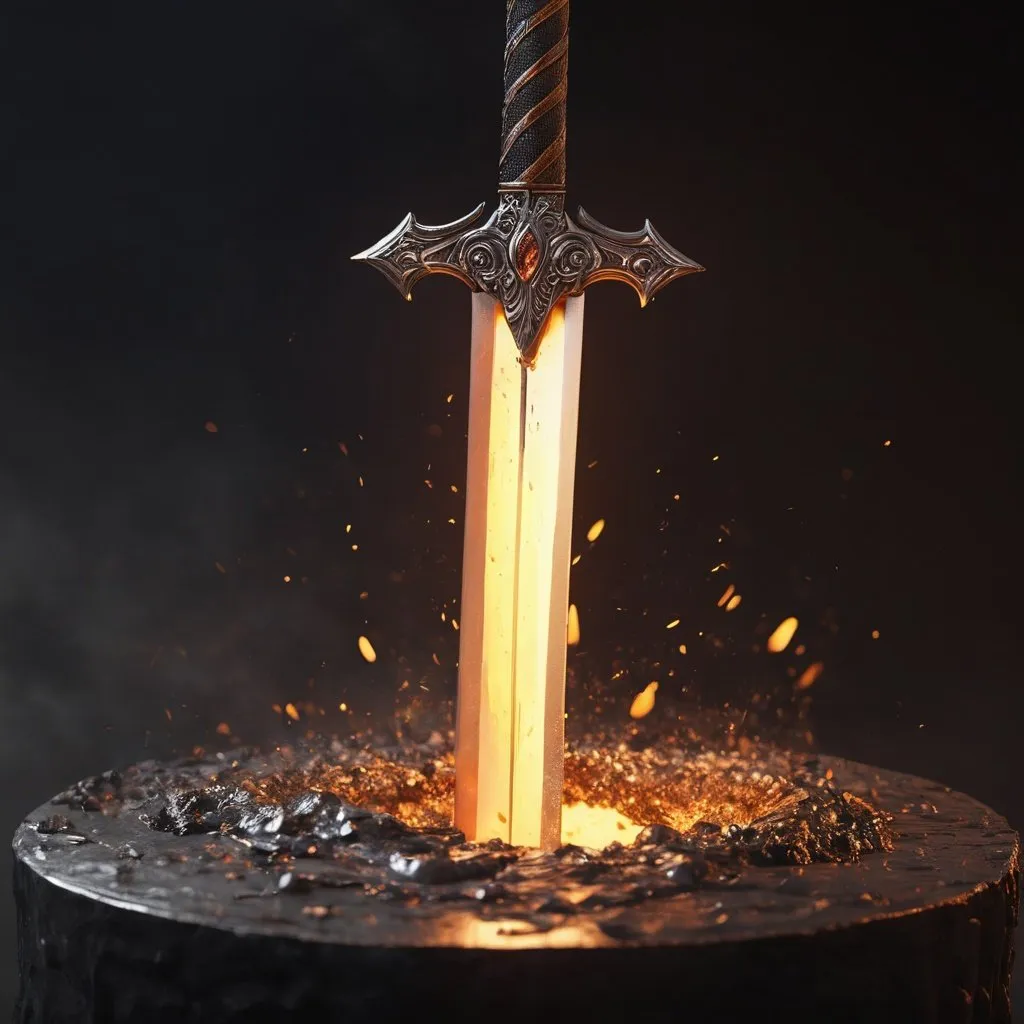 Prompt: sword being melted down into molten metal, medieval sword, abstract, , award winning, artstation, stylized, , 