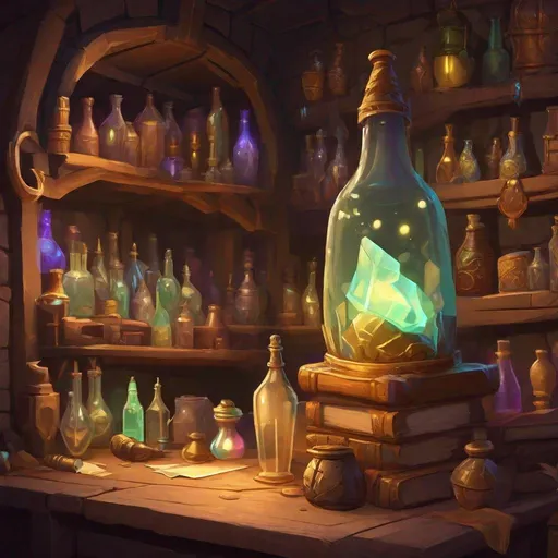 Prompt: magic item shop, full of many weird bottles and papers, messy, dungeons and dragons, award winning, artstation, fantasy art, stylized,