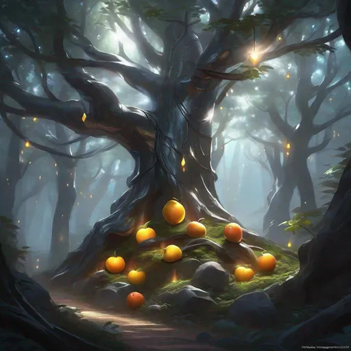 Prompt: forest of trees with shiny grey metal trunks and branches and glowing fruit, metallic, reflective, fantasy, magic the gathering, dungeons and dragons, award winning, artstation, trending on artstation,  