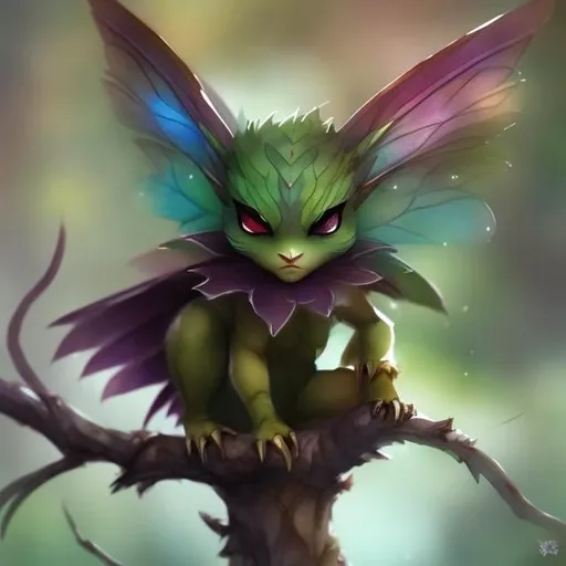 Prompt: angry looking small fae sat on tree branch, insectile, dungeons and dragons, award winning, artstation, fantasy art, stylized, watercolor