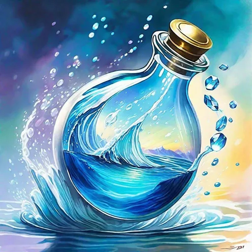 Prompt: water endlessly pouring out of magical bottle, endless water, pouring out like  a river,  open bottle pointing downwards, magic, dungeons and dragons, magic the gathering, fantasy art, fantasy,  concept art, , artstation, award winning, painting, watercolor, 