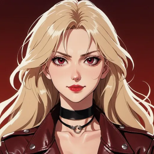 Prompt: fair skin tone, red background, beautiful woman, hot, long light blonde hair, dark eyes, dark red lips, unhinged smile, leather jacket, black choker, mentally unstable, detailed facial features, dark lighting, 90s anime, 80s anime, anime screencap, cartoon, 2d art, romance novel cover, anime art style, castlevania anime, beserk anime