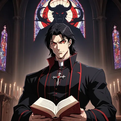 Prompt: anime, demonic features, church background, handsome man, hot, fair skin, priest, red eyes, black hair, preaching from a book, handsome, muscular, horns, powerful stance, detailed facial features, devilish grin, dark lighting, intense gaze, 90s anime, 80s anime, anime screencap, cartoon, 2d art, romance novel cover, castlevania anime, beserk anime