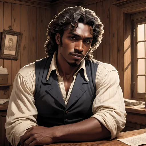 Prompt: man, handsome, banker, dark skin, old west, coiled curls, sauve, dark eyes, stubble, in a western 1800s bank, southern, chiseled features, messy curls, rugged, leans against a wooden counter, dramatic entrance, handsome, 1800s, 2D art, illustration, detailed facial features, dramatic lighting, 90s anime, 80s anime, anime screencap, cartoon, 2d art, romance novel cover, anime art style, castlevania anime, beserk anime, comic realism