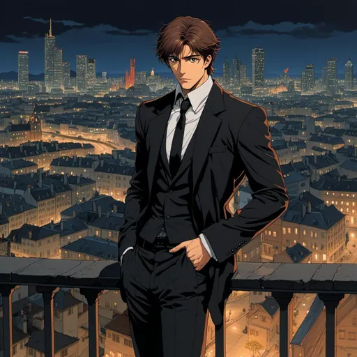Prompt: <mymodel>
A handsome and well-groomed brown-haired young man in a suave black suit stands bored on a balcony contemplating a modern cityscape at night.