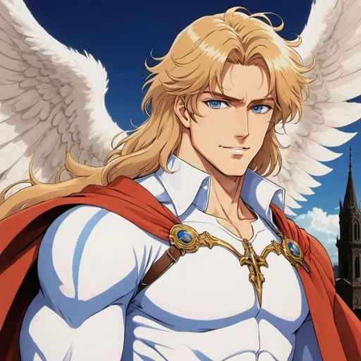 Prompt: tan skin tone, distant city background, day, man, hot, handsome, golden hair, angelic, angel wings, holy, super hero, long hair, blue eyes, fake smile, hero, wears white, detailed facial features, bright lighting, 90s anime, 80s anime, anime screencap, cartoon, 2d art, romance novel cover, anime art style, castlevania anime, beserk anime