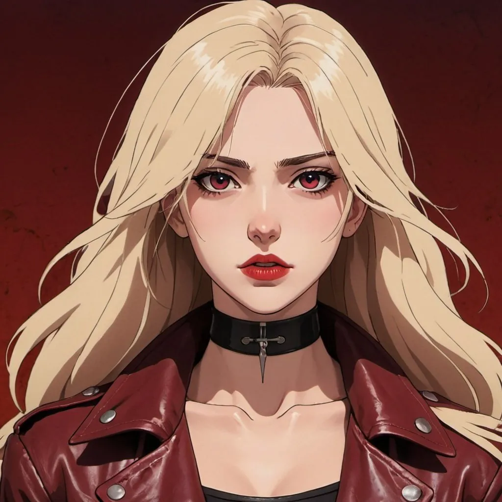 Prompt: fair skin tone, red background, beautiful woman, hot, long light blonde hair, dark eyes, dark red lips, sad, distressed, leather jacket, black choker, mentally unstable, detailed facial features, dark lighting, 90s anime, 80s anime, anime screencap, cartoon, 2d art, romance novel cover, anime art style, castlevania anime, beserk anime