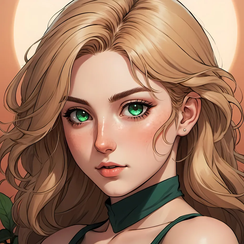 Prompt: woman, dirty blonde hair, emerald eyes, fair skin, nose freckles, curvy, beautiful, plain background, warm lighting, dahlia tattoo, 2D art, illustration, detailed facial features, dramatic lighting, 90s anime, 80s anime, anime screencap, cartoon, 2d art, romance novel cover, anime art style, castlevania anime, beserk anime