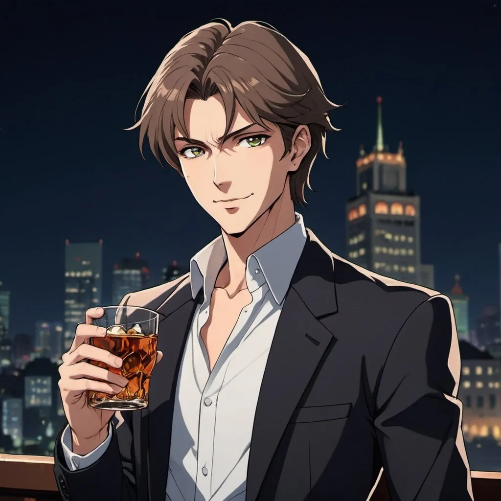 Prompt: fair skin tone, distant city background, night, man, hot, handsome, short borwn hair, neat hair, light eyes, suit, sweet smile, expensive watch, holding a whiskey, well groomed, detailed facial features, dark lighting, 90s anime, 80s anime, anime screencap, cartoon, 2d art, romance novel cover, anime art style, castlevania anime, beserk anime