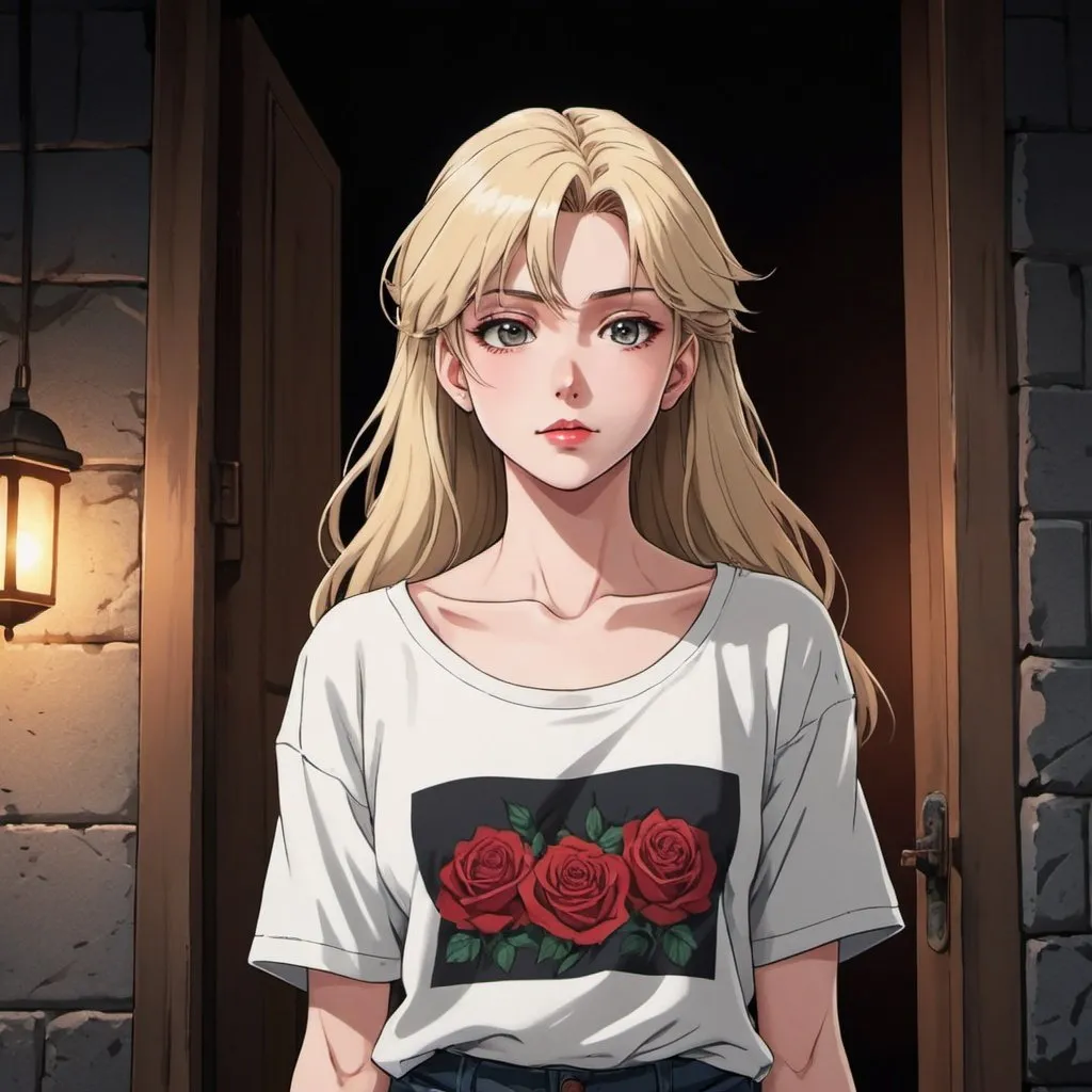 Prompt: (((anime art style))), 1 person, female, blonde hair, pale skin, soft smile, long hair with middle part, big t-shirt, rose tattoos, hot, beautiful, red lips, innocent
BREAK
A woman stands in a huge oversized band t-shirt in a dark doorway. The shirt hangs off her shoulder. She wears no pants beneath. The band on the shirt is "The Overkill".
BREAK
action pose, emotion, dynamic pose, detailed pose, detailed faces, accurate anatomy, dark lighting, night time, cold lighting
BREA
90s anime, 80s anime, anime screencap, cartoon, 2d art, romance novel cover, anime, ghibli anime, beserk anime, castlevania anime, ghibli, castlevania, beserk