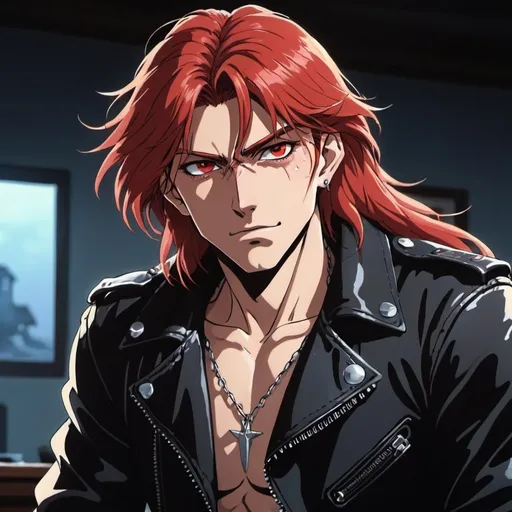 Prompt: (((anime art style))), 1 person, male, crimson red hair, long hair, hair in face, cocky smile, studded leather jacket, rock star, punk rock, hot, beautiful, red eyes, inside, living room
BREAK
A man stares hungrily at me.
BREAK
action pose, emotion, dynamic pose, detailed pose, detailed faces, accurate anatomy, dark lighting, night time, cold lighting
BREA
90s anime, 80s anime, anime screencap, cartoon, 2d art, romance novel cover, anime, ghibli anime, beserk anime, castlevania anime, ghibli, castlevania, beserk