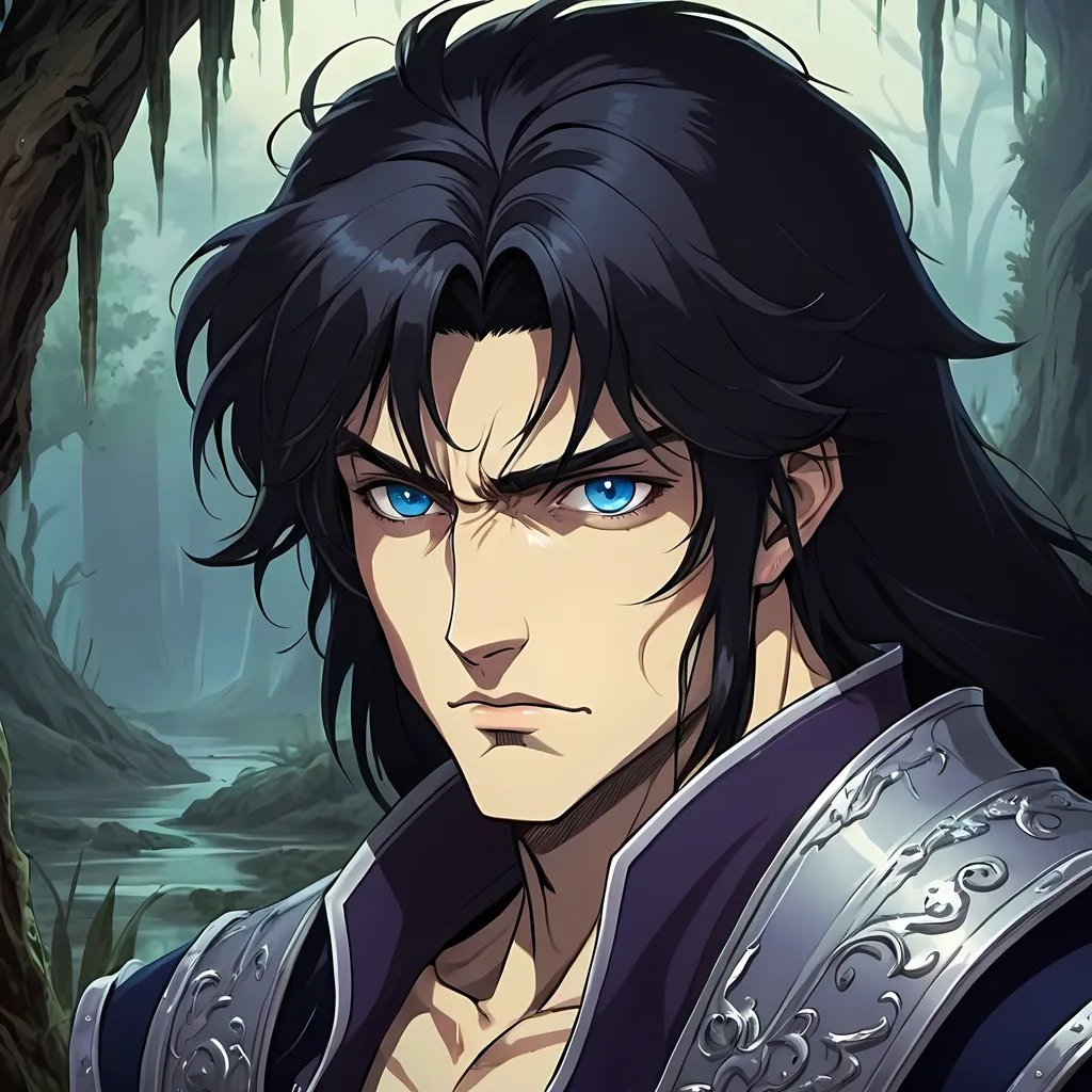 Prompt: man, neat black hair, piercing blue eyes, fair skin, handsome, princely, regal, beautiful, hot, swamp, cursed, proud, faces an ugly swamp monster, swap creature, desert background, 2D art, illustration, detailed facial features, dramatic lighting, 90s anime, 80s anime, anime screencap, cartoon, 2d art, romance novel cover, anime art style, castlevania anime, beserk anime