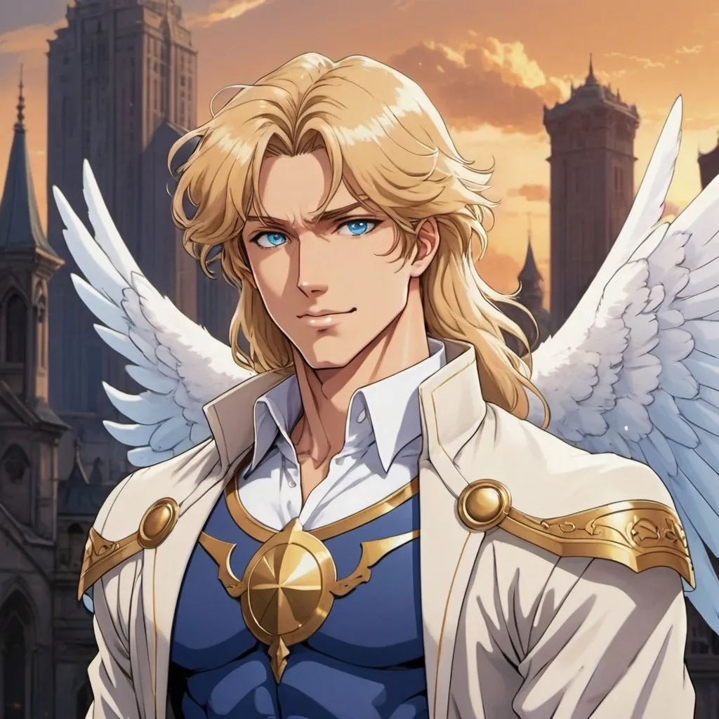 Prompt: tan skin tone, distant city background, day, man, hot, handsome, golden hair, angelic, angel wings, holy, super hero, long hair, blue eyes, fake smile, hero, wears white, detailed facial features, bright lighting, 90s anime, 80s anime, anime screencap, cartoon, 2d art, romance novel cover, anime art style, castlevania anime, beserk anime