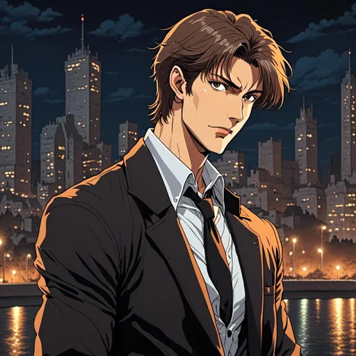 Prompt: <mymodel>
A close-up of a handsome and well-groomed brown-haired young man in a suave black suit against a modern cityscape at night calm and casual.