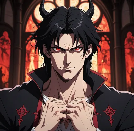 Prompt: anime, demonic features, church background, handsome man, hot, fair skin, priest, red eyes, black hair, reaching out to choke the viewer, dynamic pose, handsome, muscular, horns, powerful stance, detailed facial features, devilish grin, dark lighting, intense gaze, 90s anime, 80s anime, anime screencap, cartoon, 2d art, romance novel cover, castlevania anime, beserk anime