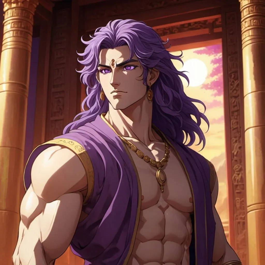 Prompt: ancient male god, chiseled features, hot, sun-kissed skin, antiquated deity, purple eyes, luxurious purple hair, ancient temple interior, handsome, deity, confident stance, detailed facial features, flowing hair, majestic, antique temple setting, powerful presence, warm lighting, 90s anime, 80s anime, anime screencap, cartoon, 2d art, romance novel cover