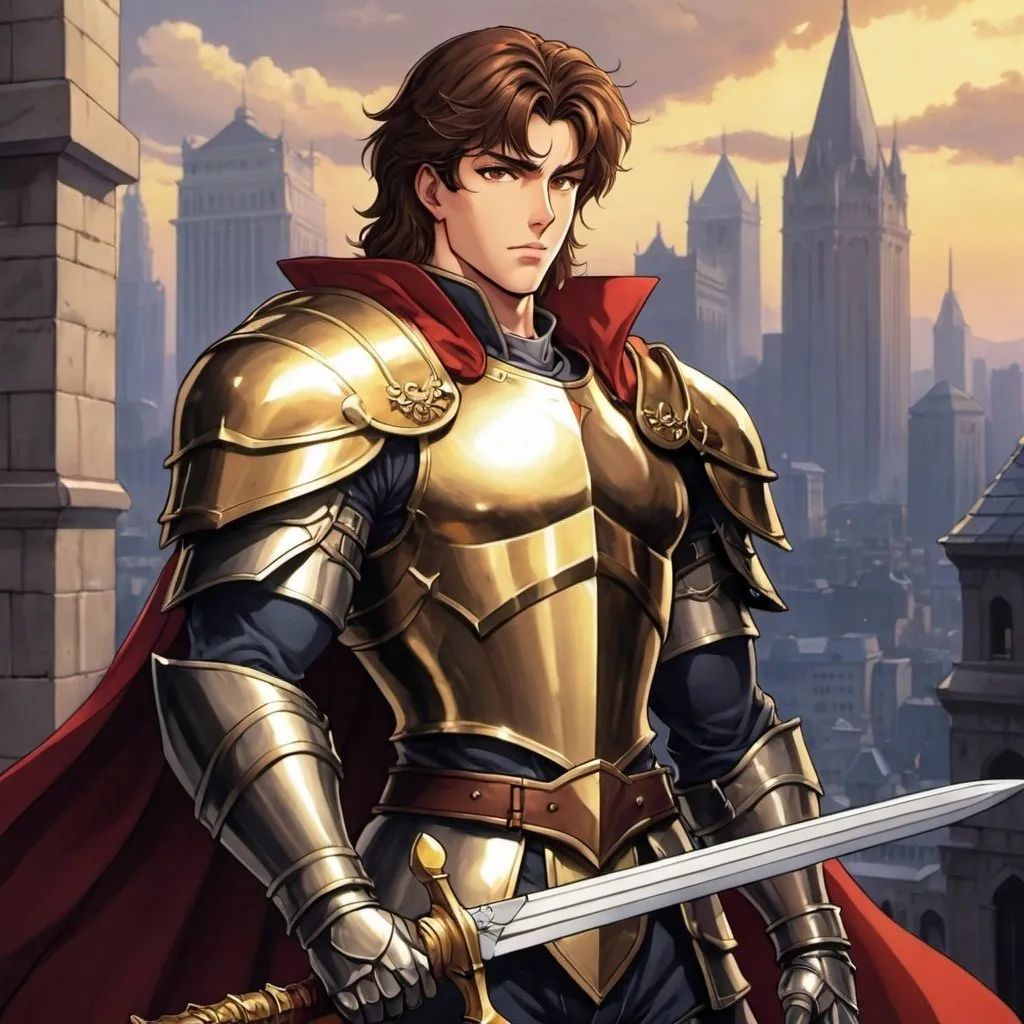 Prompt: fair skin tone, hero, handsome man, brown hair, heroic, city background, gold eyes, modern knightly armor, sword and shield, heroic pose, detailed facial features, dramatic lighting, 90s anime, 80s anime, anime screencap, cartoon, 2d art, romance novel cover, anime art style, castlevania anime, beserk anime