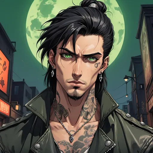 Prompt: anime, man, black hair, man bun hairstyle, chiseled features, athletic build, green eyes, pale, handsome, rock star, covered in tattoos, piercings, earrings, punk, five o'clock shadow, stubble, rugged, hot, leather jacket, frustrated, club background, 2D art, illustration, detailed facial features, dramatic lighting, 90s anime, 80s anime, anime screencap, cartoon, 2d art, romance novel cover, anime art style, castlevania anime, beserk anime