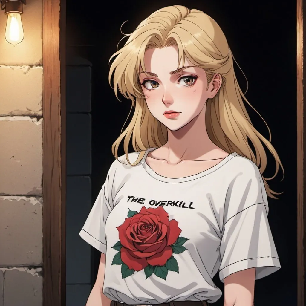 Prompt: (((anime art style))), 1 person, female, blonde hair, pale skin, soft smile, long hair with middle part, big t-shirt, rose tattoos, hot, beautiful, red lips, innocent
BREAK
A woman stands in a huge oversized band t-shirt in a dark doorway. The shirt hangs off her shoulder. She wears no pants beneath. The band on the shirt is "The Overkill".
BREAK
action pose, emotion, dynamic pose, detailed pose, detailed faces, accurate anatomy, dark lighting, night time, cold lighting
BREA
90s anime, 80s anime, anime screencap, cartoon, 2d art, romance novel cover, anime, ghibli anime, beserk anime, castlevania anime, ghibli, castlevania, beserk