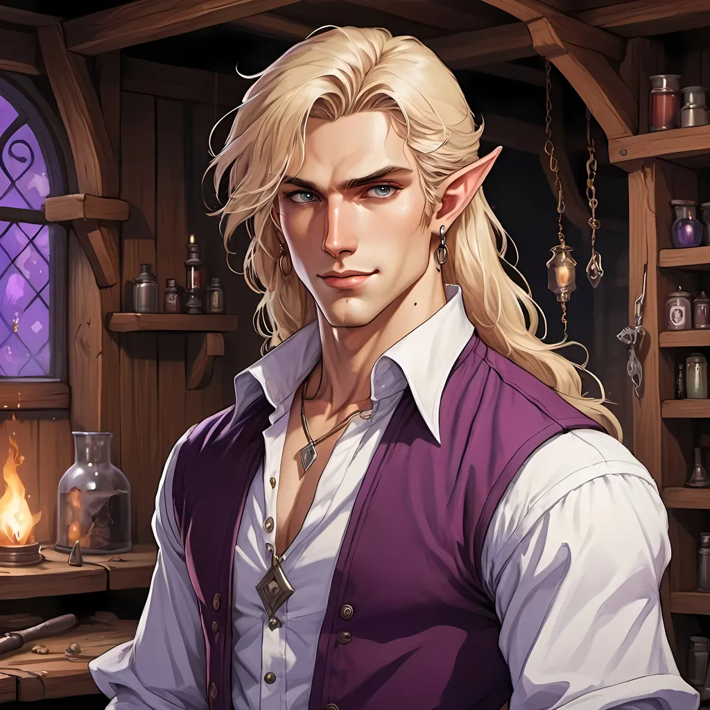 Prompt: male half-elf, flowing blonde hair swept to one side, wavy hair, curling hair, long hair, kind eyes, violet eyes, tan skin, handsome, woodworker, tinkerer, pointed ears, stands tall, smiles, looking down at me, open shirt, arcane tattoo on chest, low perspective, arcane earrings, hot, workshop background, 2D art, illustration, detailed facial features, dramatic lighting, 90s anime, 80s anime, anime screencap, cartoon, 2d art, romance novel cover, anime art style, castlevania anime, beserk anime