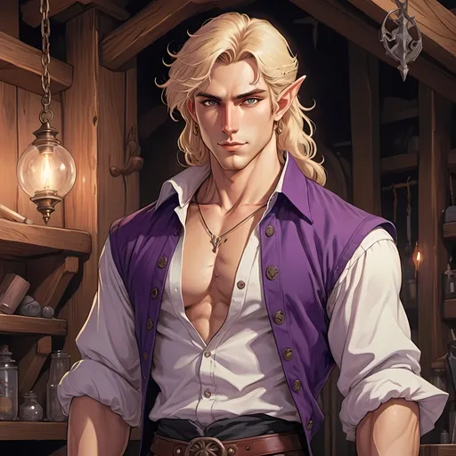 Prompt: male half-elf, flowing blonde hair swept to one side, wavy hair, curling hair, long hair, kind eyes, violet eyes, tan skin, handsome, woodworker, tinkerer, pointed ears, stands tall, smiles, looking down at me, open shirt, arcane tattoo on chest, low perspective, arcane earrings, hot, workshop background, 2D art, illustration, detailed facial features, dramatic lighting, 90s anime, 80s anime, anime screencap, cartoon, 2d art, romance novel cover, anime art style, castlevania anime, beserk anime
