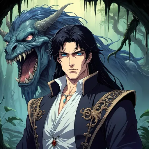 Prompt: man, long black hair, piercing blue eyes, fair skin, handsome, princely, regal, beautiful, hot, swamp, cursed, proud, faces an ugly swamp monster, swap creature, desert background, 2D art, illustration, detailed facial features, dramatic lighting, 90s anime, 80s anime, anime screencap, cartoon, 2d art, romance novel cover, anime art style, castlevania anime, beserk anime