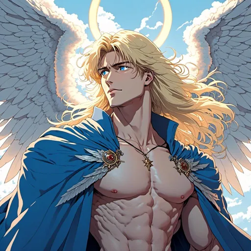 Prompt: <mymodel>angelic man, angel wings, long blonde hair, blue eyes, fair skin, super hero, celestial, blue sky, bright lighting, holy, handsome, beautiful